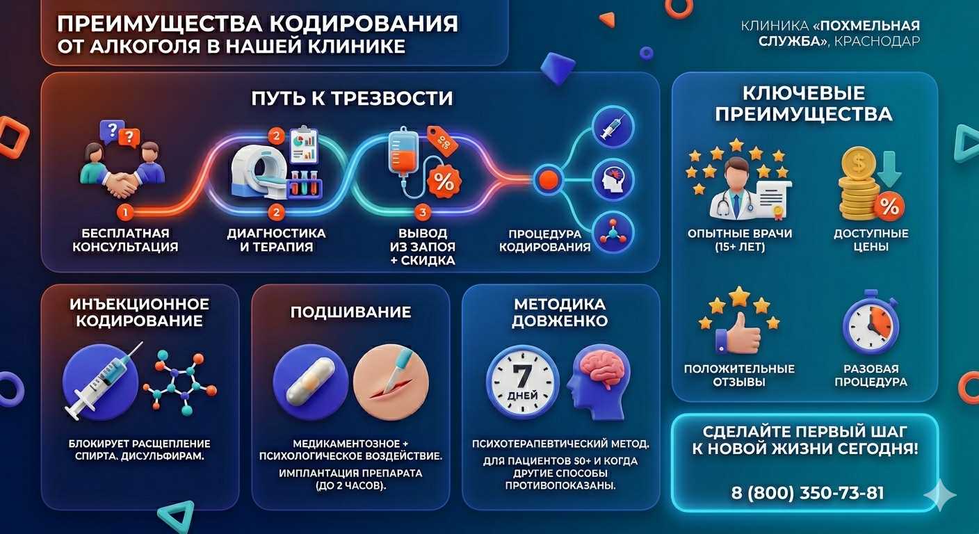 Инфографика о методах кодирования от алкоголя в Лабытнанги: инъекции, подшивание, метод Довженко. Преимущества клиники и этапы лечения.